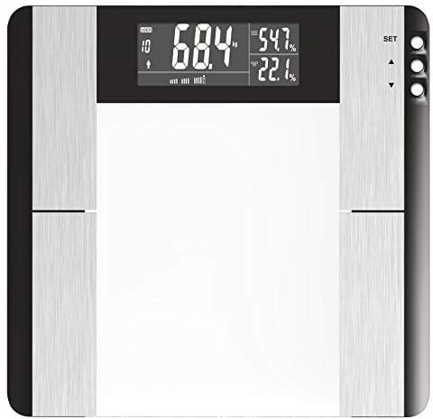 EMOS EV104 Digitale Personenwaage mit BMI und Memory Funktion, Waage / Gewichtswaage / Körperfettwaage, Digitalwaage aus Sicherheitsglas, misst Körperfett, Muskelmasse, Wasser Batterien mitgeliefert