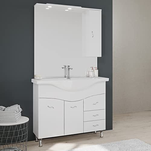 Kiamami Valentina Meuble de Salle de Bains Classique Blanc de 106 cm avec lavabo, Miroir et Meuble Suspendu.