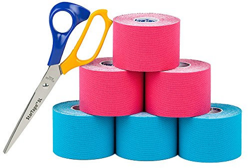 SL StarTape - Kinesiologietape, elastisches Sporttape aus Baumwolle, selbstklebendes Physiotape, wasserabweisend, hautfreundliches Taping, 5 x 550 cm, pink/blau, 6er Set + Schere