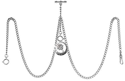 TREEWETO Taschenuhrkette mit T Bar Endstück Gesamtlänge 72cm Doppel Albert T-Bar Taschenuhr Kette mit Antiker Vierblättriger Klee-Anhänger und 3 Haken für Weste Knopfloch Silber