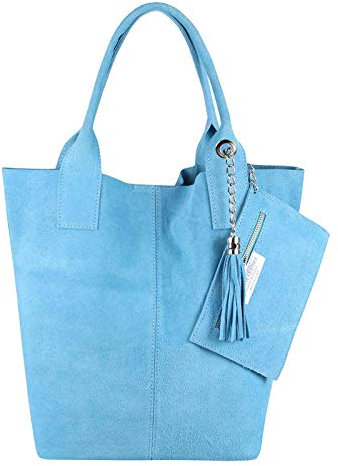 Made IN Italy Damen XXL Leder Tasche Wildleder Shopper Schultertasche Schmucktasche Hellblau