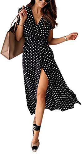 Minetom Femme Polka Dot Robe Longue à Manches Courtes V Cou Portefeuille Boheme Sexy Chic Casual Maxi de Plage Soirée