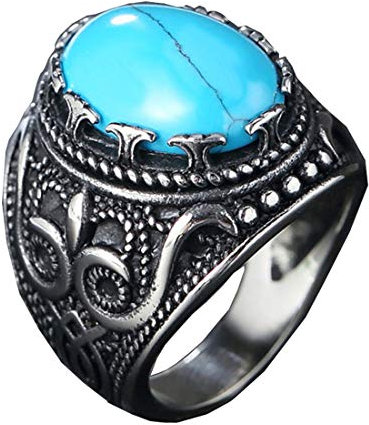 HIJONES Herren Jahrgang Luxus Oval Blau Türkis Stein Ring aus Edelstahl Gotisch Geschnitzt Muster Silber Größe 62
