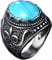 HIJONES Herren Jahrgang Luxus Oval Blau Türkis Stein Ring aus Edelstahl Gotisch Geschnitzt Muster Silber Größe 62