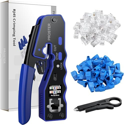 Proster Herramienta de Crimpado RJ45 CAT6 CAT5 CAT5e 8P Crimpadora RJ45 Pelacables Cortadora Multifuncion Alicates Compacto Grimpadora RJ45 con 50 Pcs Conectores de Paso CAT6 y 50pcs Cubiertas