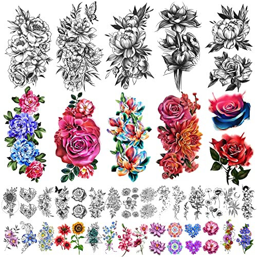 Yazhiji 40 Blatt Wasserdichte temporäre Tattoos Große Blumen Sammlung Dauerhafte gefälschte Tattoo-Aufkleber für Frauen oder Mädchen Schönheitsdekoration