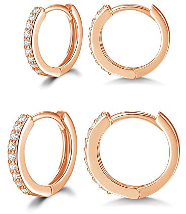 Shuxin Silver Hoops Earrings for Women, 2 Pairs 925 Sterling Silver Rose Gold Hoop Earrings Set with AAA Cubic Zirconia, Unisex Small Sleeper Huggie Hinged Hoop Earrings, Diameter 12, 14mm