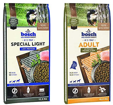 bosch HPC Special Light | Hundetrockenfutter zur eiweiß- und mineralstoffreduzierten Ernährung | 1 x 12.5 kg & HPC Adult mit frischem Geflügel & Hirse | 1 x 15 kg