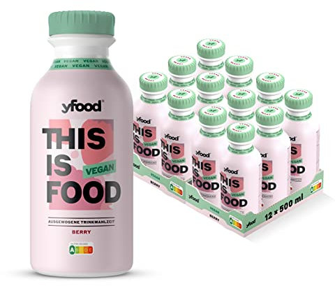yfood Trinkmahlzeit Vegan Berry, 12 x 500 ml für unterwegs & stressige Tage, vollwertig & ready-to-drink mit 28 g Protein, 26 Vitaminen und Mineralstoffen - inkl. 3,00€ Pfand