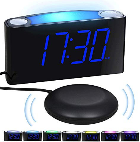 Mesqool VibrationsWecker, Digital Gehörlosen Wecker mit 7-Farbiges Nachtlicht, Große LED-Anzeige, Helligkeitsregler, 2 USB-Ladeanschlüsse, 12/24 H, lauteste Wecker für Schwere Schwellen, Schlafzimmer