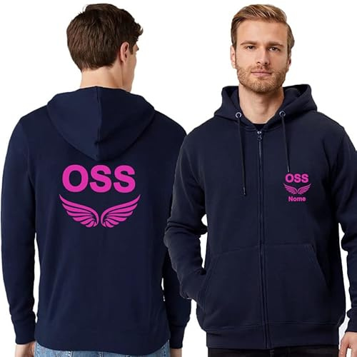 TCD Felpa Unisex OSS Operatore Socio Sanitario con Zip e Cappuccio colore blu scuro - Personalizzata con stampa Fronte/Retro (XS, OSS ALI IN SU, FUCSIA)