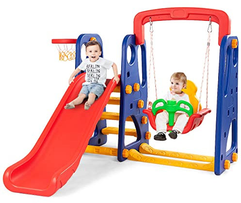 DREAMADE 3 en 1 Balançoire avec Toboggan et Panier de Basket en HDPE, Aire de Jeux Multifonction avec Glissière et Siège, Idéal pour Enfants de 3 à 6 Ans dans l'Extérieur et l'Intérieur