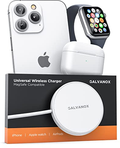 Galvanox Wireless iPhone and Apple Watch Charger (Dual Sided) Travel Compatible with MagSafe Charger for iPhone 12/13/14/15 Models and AirPods, 3-in-1 Magnetic Charging (USB C, 5ft Cable)