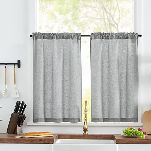 TOPICK Bistrogardine 2er Set Scheibengardinen modern Grau Gardine Küchenfenster kurz Scheibengardinen Küche Leinenoptik H60xB65 cm küchengardinen landhausstil kurzgardinen Wohnzimmer küchenvorhänge