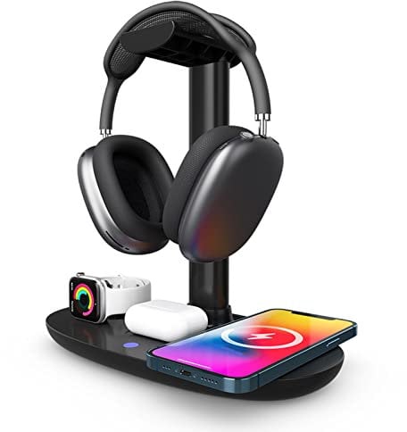 PUSOKEI Headphone Stand with Wireless Charger, 4 in 1 Qi Charging Station Headset Holder, 15W Fast Wireless Charging Station Dock for IOS Phone, Watch, Earphone