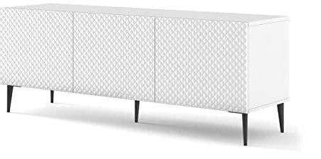 BIM Furniture TV-Schrank Ravenna C 150 cm 3D mit gefräster Front Hochglanz Hochwertiges MDF Diamant Metallbeine Lowboard Sideboard Kommode (Korpus: Weiß matt, Fronten: Weiß Hochglanz, Schwarze Beine)