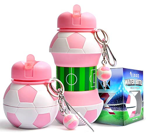 RIXOZ Pink Collapsible 550ml Silicone Water Bottle With Football Keyring For Kids