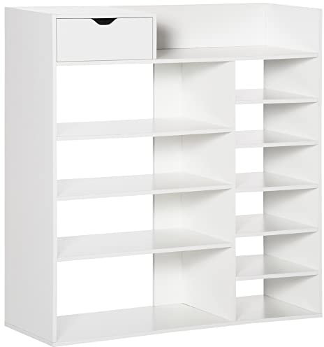 HOMCOM Schuhschrank Schuaufbewahrung Schuh-Organizer Schuhregal mit Schublade Schuhständer mit Kippschutz für Flur und Eingangsbereich Schuhablage für 18 Paar Schuhe Weiß 88 x 30 x 93 cm