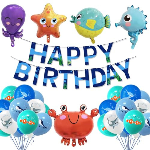 CIOUYAOS Unterwasserwelt Kindergeburtstag Deko, Blau Luftballon Geburtstag Party Geburtstagsdeko 37pcs Ballons Banner Set, Blaue meerestiere Folienballons für Baby 1 Jahr Junge Kinder