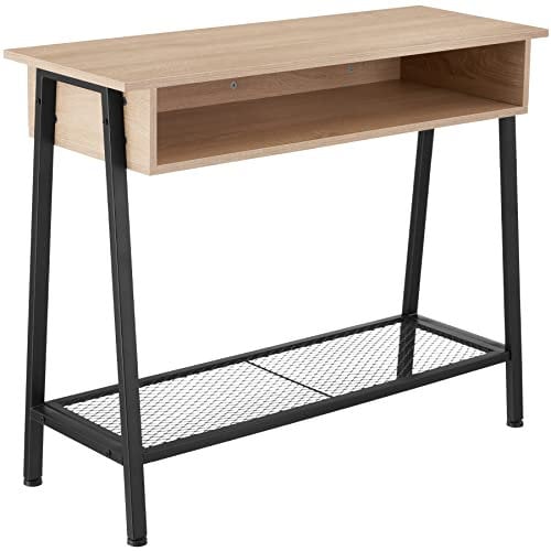 tectake Konsolentisch mit Staufach, Konsole, 100 x 35 x 80,5 cm, Holz Flurtisch Sideboard mit Gitterablage, Industrie-Design, schwarzes Metallgestell in Trapezform (Industrial Holz hell, Eiche Sonoma)