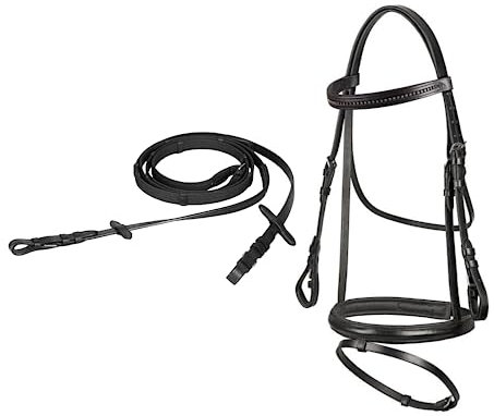 Start Diamond Trense Pferd mit Zügel, Zaumzeug für Pferde, englisch kombiniertes Reithalfter, 19mm Gurtzügel, Trensenzaum Leder für Pony, Vollblut und Warmblut (Cob, Schwarz)