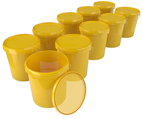 10 x buckets with lid, 16 litres, yellow, food-safe, airtight and stable, empty bucket with handle and closure, lid for food, chemistry, wall, paint, washing powder, adhesives