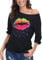 DOTIN Damen T-Shirt 80er Jahre Sexy Lippen Drucken One-Shoulder-Shirt Kurzarm Sommer Oberteil Casual Bluse Tops, Schwarz-5, XXL