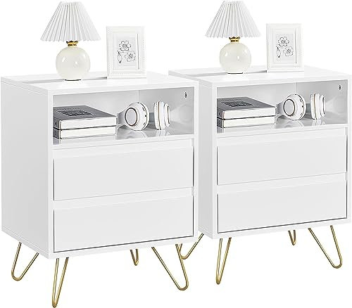 Yaheetech Lot de 2 Tables de Chevet Scandinave, Table de Nuit en Bois Blanc, Pied en Métal, 50 x 40 x 61 cm, 2 Tiroirs et 1 Casier, Table d'Appoint Salon Chambre