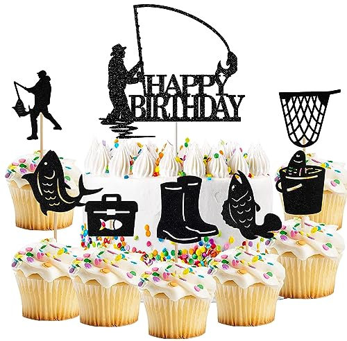 Silars Angler Cake Topper, 8 Stücke Happy Birthday Tortendeko Fische Angeln Kuchen Deko Geburtstag, Angler Tortenaufleger für Kuchen DIY Deko für Jungen Mann Geburtstagsparty Kuchen Dekoration