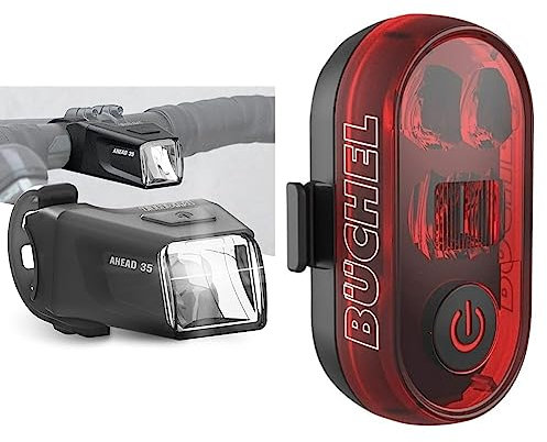 Büchel Ahead Frontlicht I 35/15 Lux Design genau mittig am Lenker StVZO zugelassen & Büchel Fahrrad Rücklicht LED I Aufladbar I mit Bremsanzeigefunktion - StVZO zugelassen I Rücklicht Fahrrad