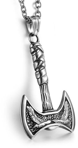 GTHIC Halsketten mit Wikinger-Axt-Anhänger aus Edelstahl für Männer und Frauen, nordischer Raben-Schmuck, Geschenke, 60 cm, Silber
