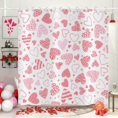 Hnmdmyi Rideau de Douche Saint-Valentin 180x200, Rose Amour Coeurs Romantique Valentin Fond Blanc Rideau de Baignoire Imperméable Tissu Polyester Lavable Rideau de Bain avec Crochets