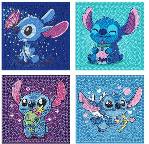 HecticCore 4er Pack Diamant Painting Kinder, Niedliche Stitch 5D DIY Diamant Kunst Mosaik Sets für Anfänger, Vollrundbohrer Edelstein-Kunst für Zuhause Wanddekoration,Mädchen Geschenk 15x15cm