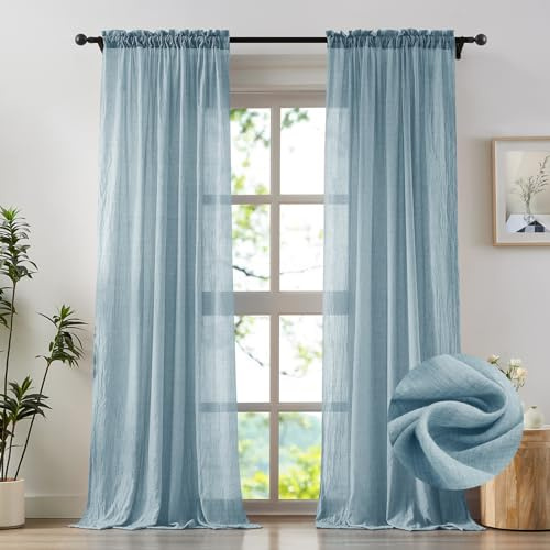 Anpark Elegante transparente Vorhänge in Blau, 244 cm lang, natürliches Baumwoll-Leinen, lichtdurchlässig, gekräuselte Struktur, Voile, Stangentasche, Wohnzimmer, Schlafzimmer, 2 Paneele, 132 x 244 cm