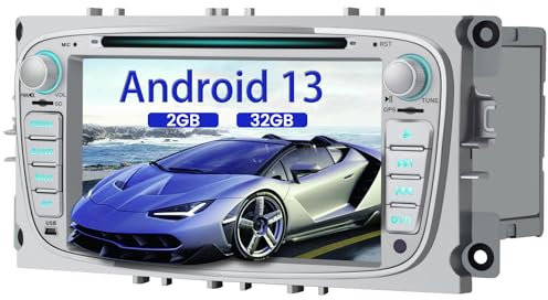 AWESAFE Android 13 Autoradio für Ford Focus Mondeo S-Max C-Max Galaxy, 2GB+32GB, unterstützt DAB WLAN Bluetooth CD DVD Doppel Din Radio mit 7 Zoll Bildschirm - Silber