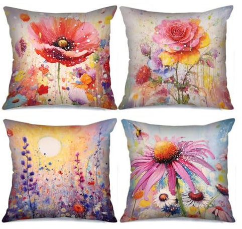 Tucocoo Bunte Blumen, dekorative Kissenbezüge, 45 x 45 cm, 4 Stück, schöne Blüten-Kissenbezüge, Moderne quadratische Kissenbezüge, Mohnblumen-Rose, Dekokissen für Sofa, Bett, Auto, Wohnzimmer