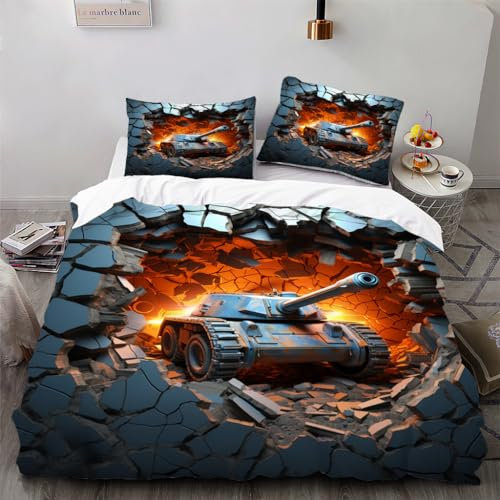 Ruiqieor Bettwäsche 200x200cm,Militärischer Fan-Tank Motiv Bettwäsche Set 3teilig,1 Bettbezug+2 Kissenbezug 80x80 cm,3D gedruckte Bettwäsche(#5)