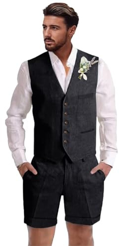 Dsteng Mens Linen Suit 2 Piece Short Suits for Men Casual Summer Beach Wedding Suit Linen Vest Shorts Set, Black, XL