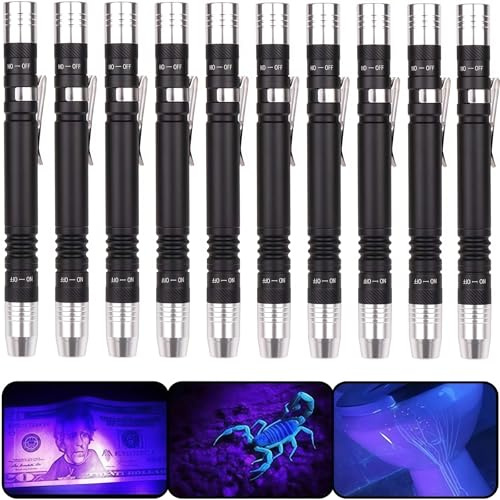 LIAISIMI Linterna UV, Linterna 2 en 1 de 395nm con Luz Violeta y Blanca, Mini Linterna Ultravioleta con Clip de Bolsillo para examen de orina de mascotas 2*AAA Pilas no Incluidas-10 Pack