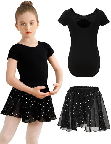 Eisnnu Kinder Ballettkleidung Mädchen Zweiteilig Ballettkleid Baumwolle Kurzarm Balletttrikot Mit Pailletten Chiffonrock Tütü (DE/NL/SE/PL, Numerisch, 130, Regular, Schwarz)