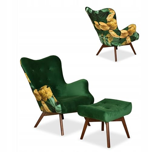 Family Meble Ohrensessel mit Hocker, Modell Luna Print Duo, Skandinavisch, Relaxsessel aus Webstoff, Loungesessel, Ohrensessel mit Hocker, Bequemer Sessel, Für Wohnzimmer, Schlafzimmer, Poly7/Royal33