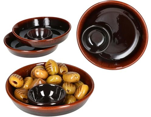 MamboCat 4er Set Juego Tapas Schale Ø 14,3cm | dunkelbraune Olivenschale I Tonschale mit integriertem Schälchen für Kerne I Cazuela für Vorspeisen, Antipasit & Co.