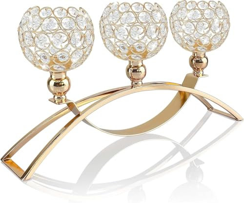 Gold Crystal Candle Holders Decorative Candelabra 3 Arms Tea Light Candle Holders for Dinning Room Decorative Centerpiece Wedding Housewarming Anniversary