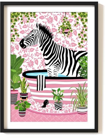 Parmaro Zebra in Bathroom Print, Zebra in Bath Print, A4 UNFRAMED Print, Animal in Bathroom Print, Pink Botanical Print, Tropical Bathroom Decor, Floral Pink Bathroom Decor