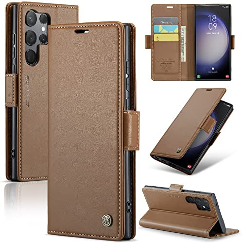 Rerzoiro Handyhülle für Samsung Galaxy S23 Ultra Hülle, Premium PU Leder Klapphülle RFID Schutzhülle Magnet Kartenfach Standfunktion Flip Wallet Tasche Case Kompatibel Samsung S23 Ultra, Braun