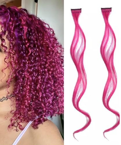 2 x Clip-In Hair Extension Highlights Streaks, Colourful Hair Highlights (Curly Purple Pink x 2)