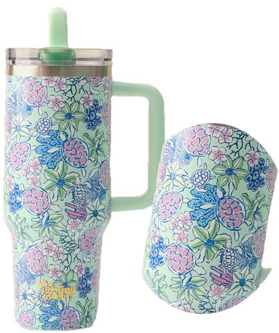 Stainless Steel Tumbler with Handle and Lid | 40 oz | Double Wall | Insulated | Flip Straw Lid | Leak Resistant | Splash Proof | Travel Coffee Mug | Gifts for Women Her | Coastal Cove Print