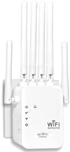 Repeteur WiFi Puissant 1200Mbps - Amplificateur WiFi Double Bande 5GHz/2.4GHz avec 6 Antennes, 2 Ports LAN, Compatible Toutes Box Internet (Mode Répéteur/Routeur/AP)