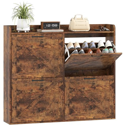 HOMCOM Mueble Zapatero de 4 Puertas Zapatero Estrecho con Estantes Ajustables Estilo Industrial para 24 Pares de Zapatos Mueble Auxiliar para Recibidor Entrada 120x24x103 cm Marrón Rústico