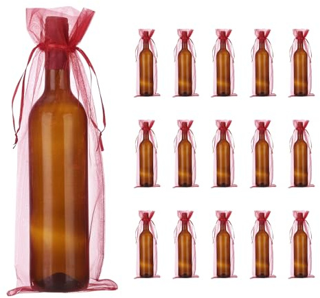 PATIKIL 14 x 5 Inch Organza Wine Bags, 40 Pcs Gift Wrap Bags Sheer Mesh Wine Bottle Bag Drawstring Pouches Reusable for Party Wedding Favors, Wine Red
